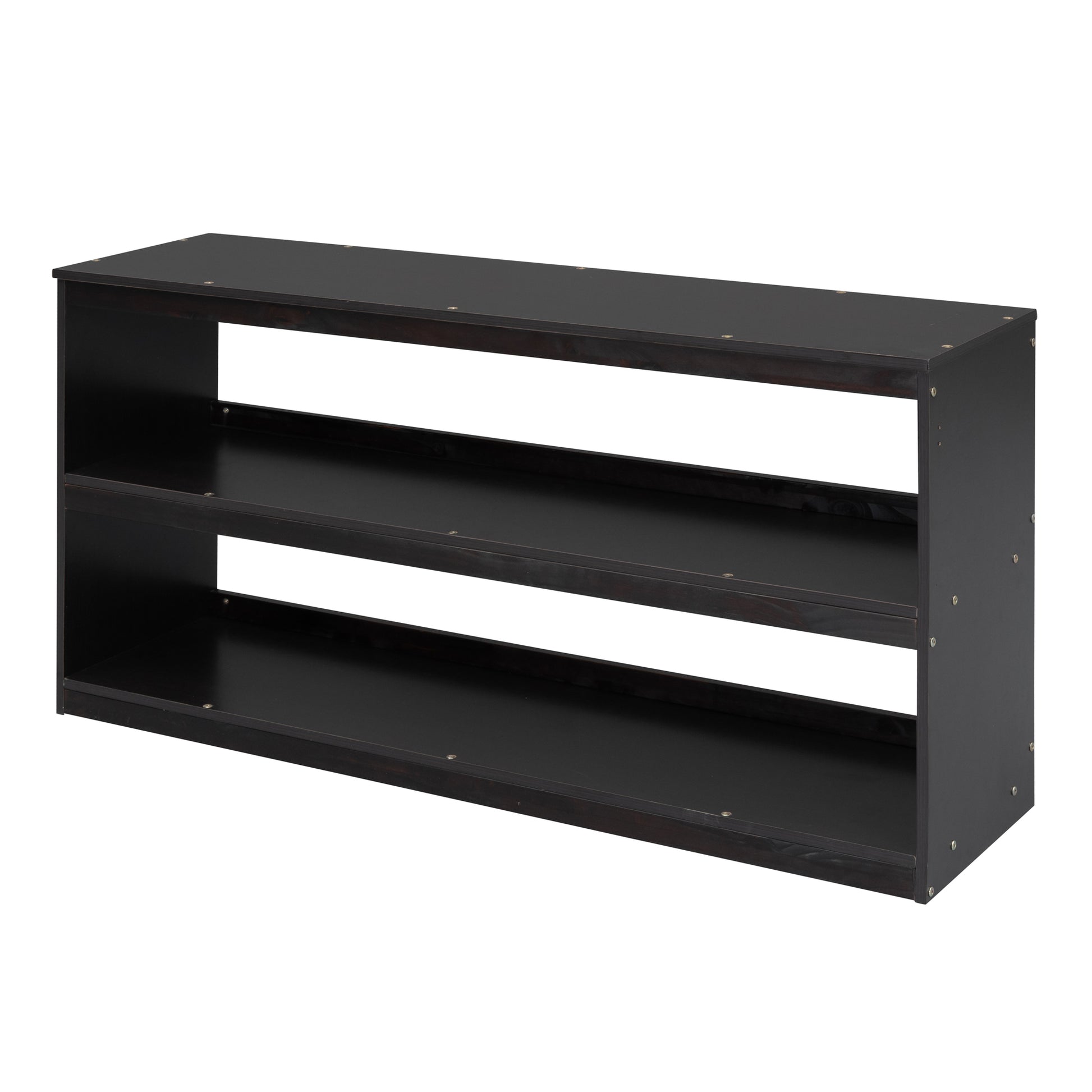 Dark wood shoe rack with three open shelves