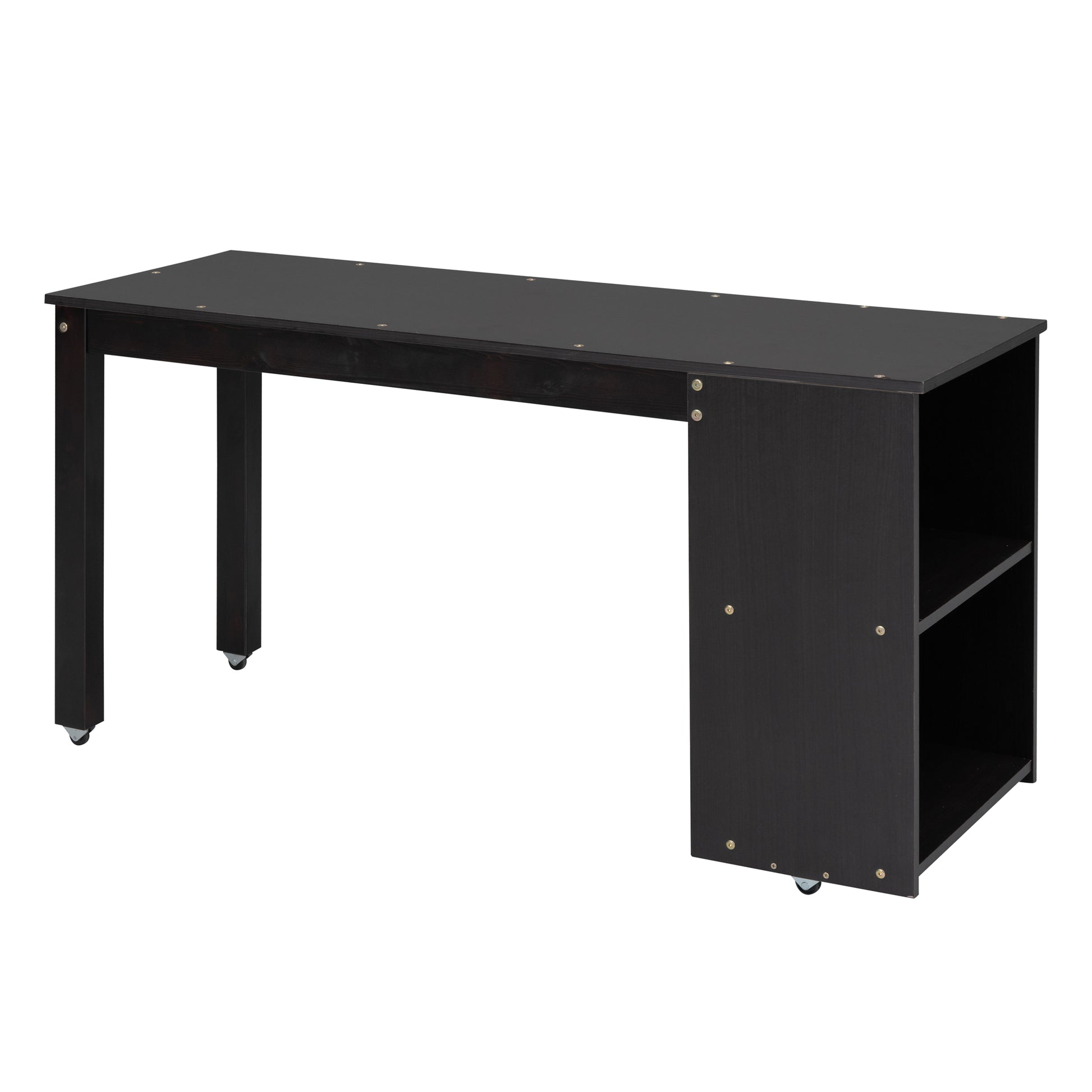 Dark brown wood desk with open shelving on the right and caster wheels