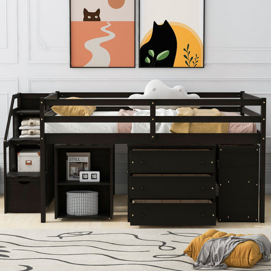 Dark wood loft bed with integrated desk drawers and shelving for a childs room