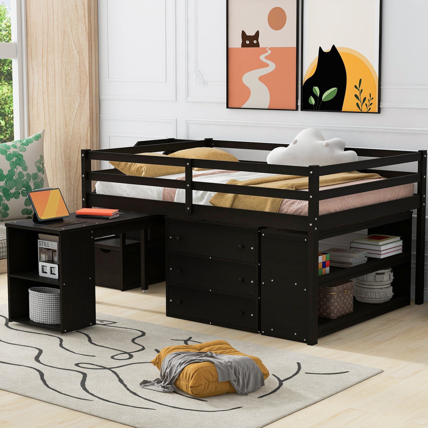 Dark wood loft bed with integrated desk and drawers