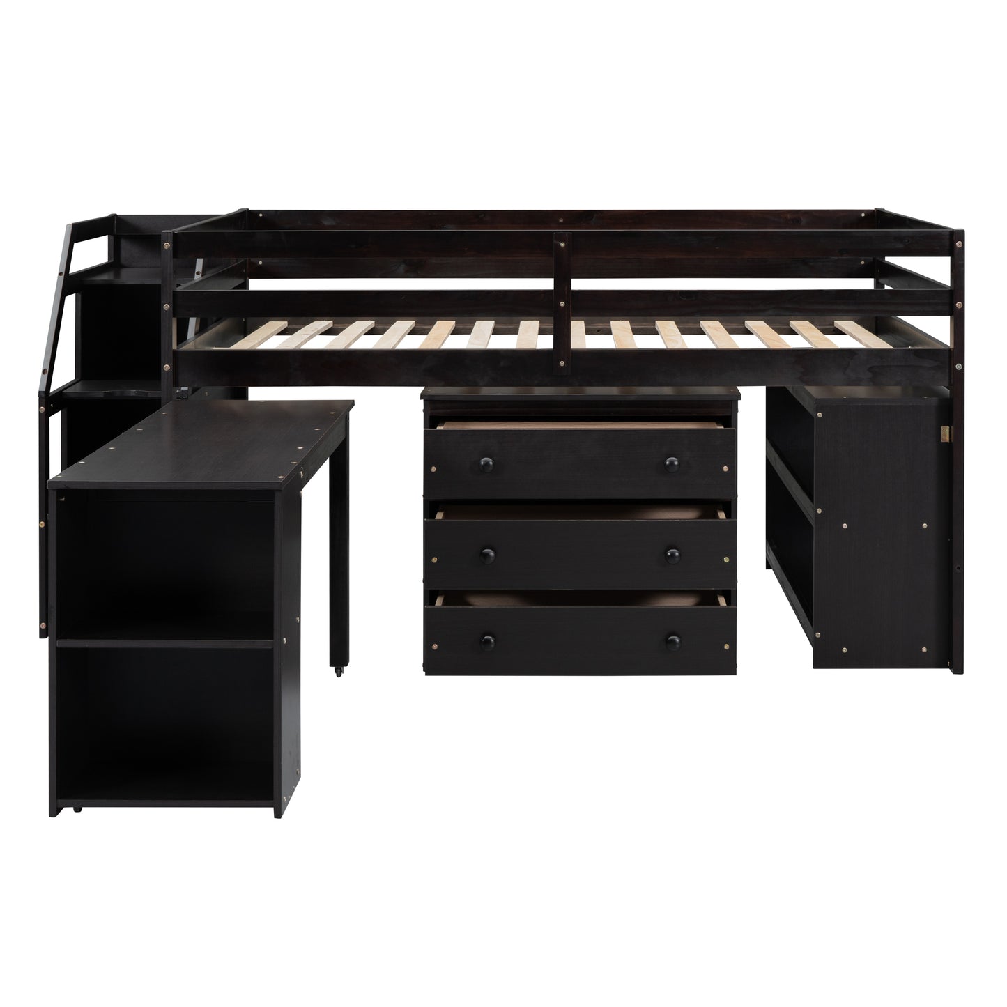 Dark brown wooden loft bed with integrated desk and dresser for kids