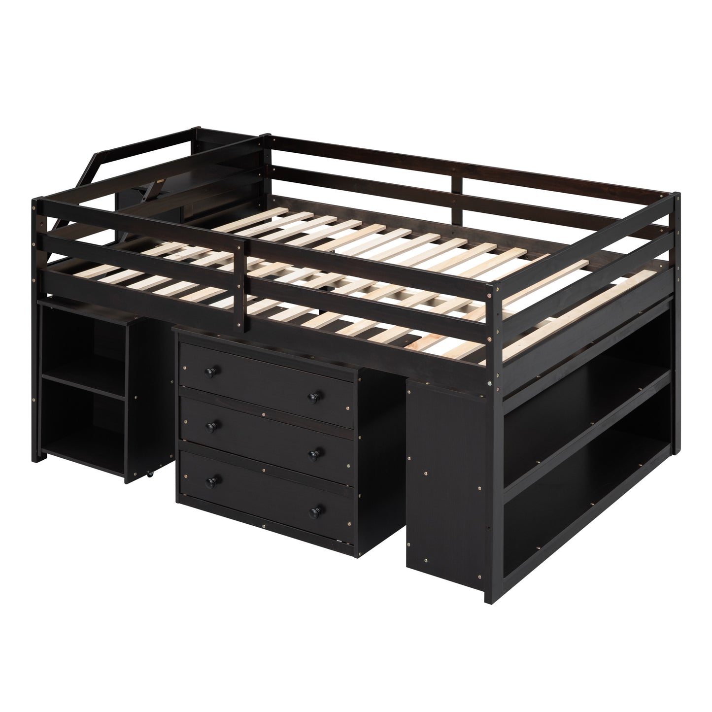 Dark brown wood loft bed with drawers and shelves