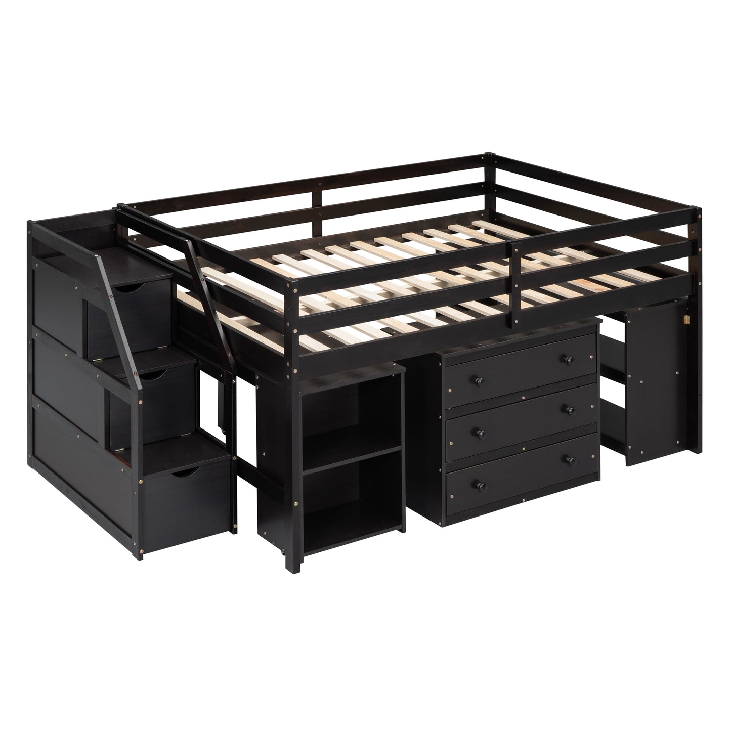 Dark wood loft bed with integrated stairs and drawers