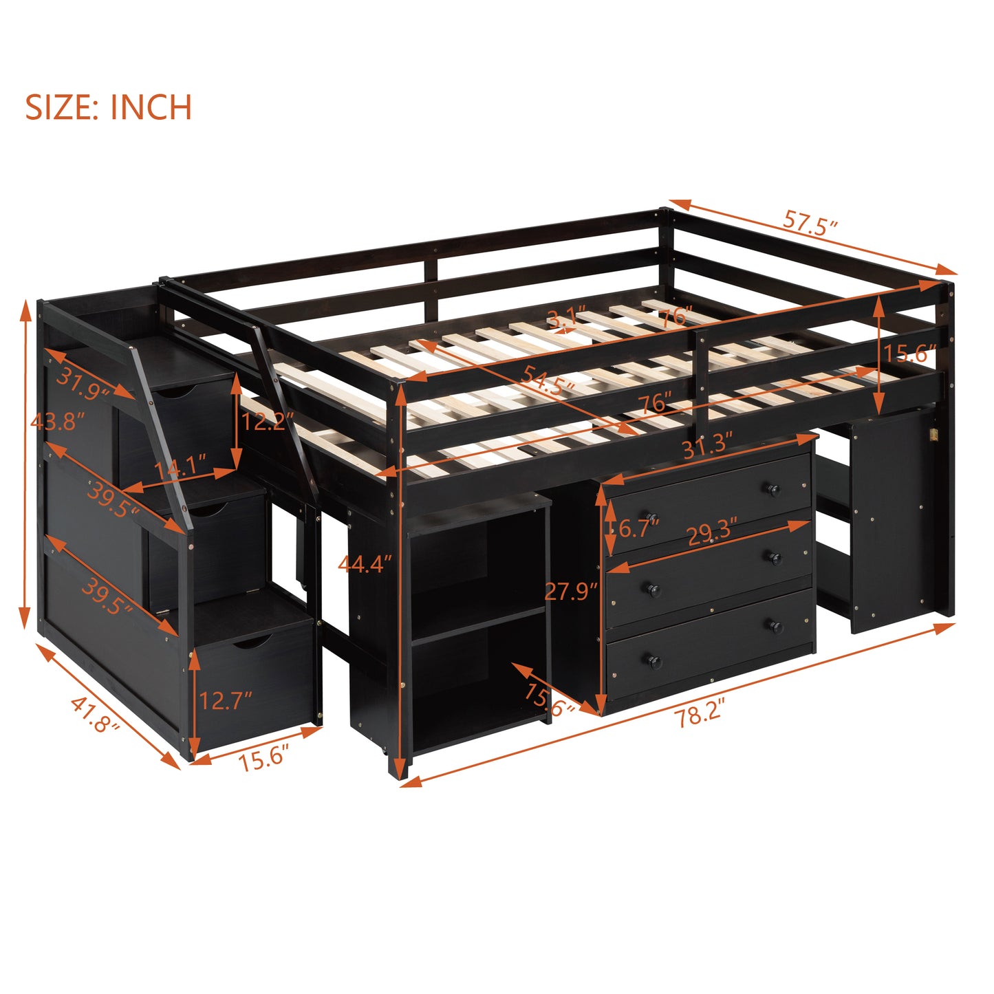 Black wooden loft bed with stairs and drawers