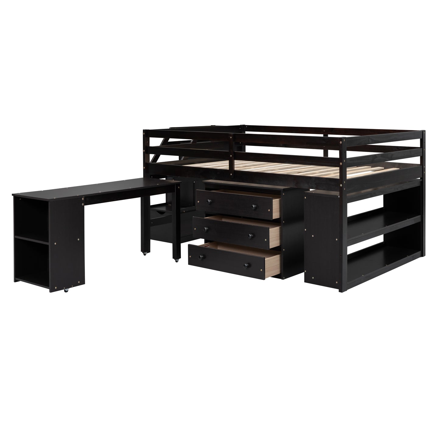 Dark brown loft bed with builtin desk and storage drawers for a childs room