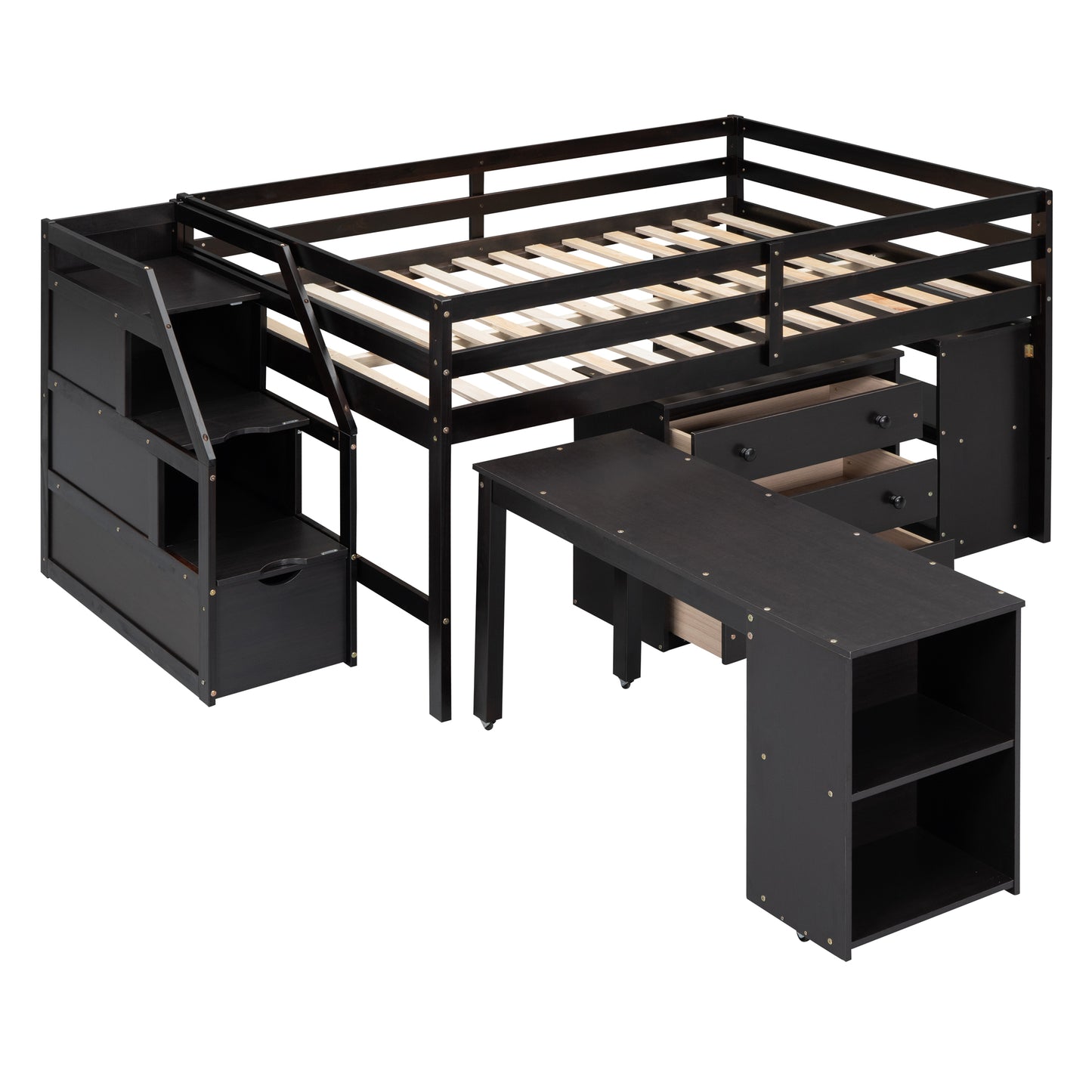 Dark wood loft bed with integrated desk and storage drawers