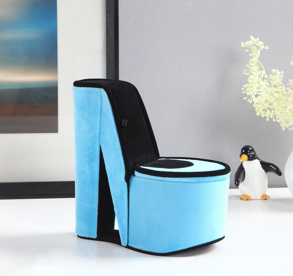 Blue velvet high heel shoe shaped ottoman with black accents