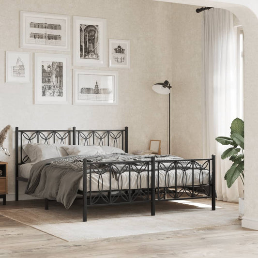 Ornate black metal bed frame with decorative headboard and footboard