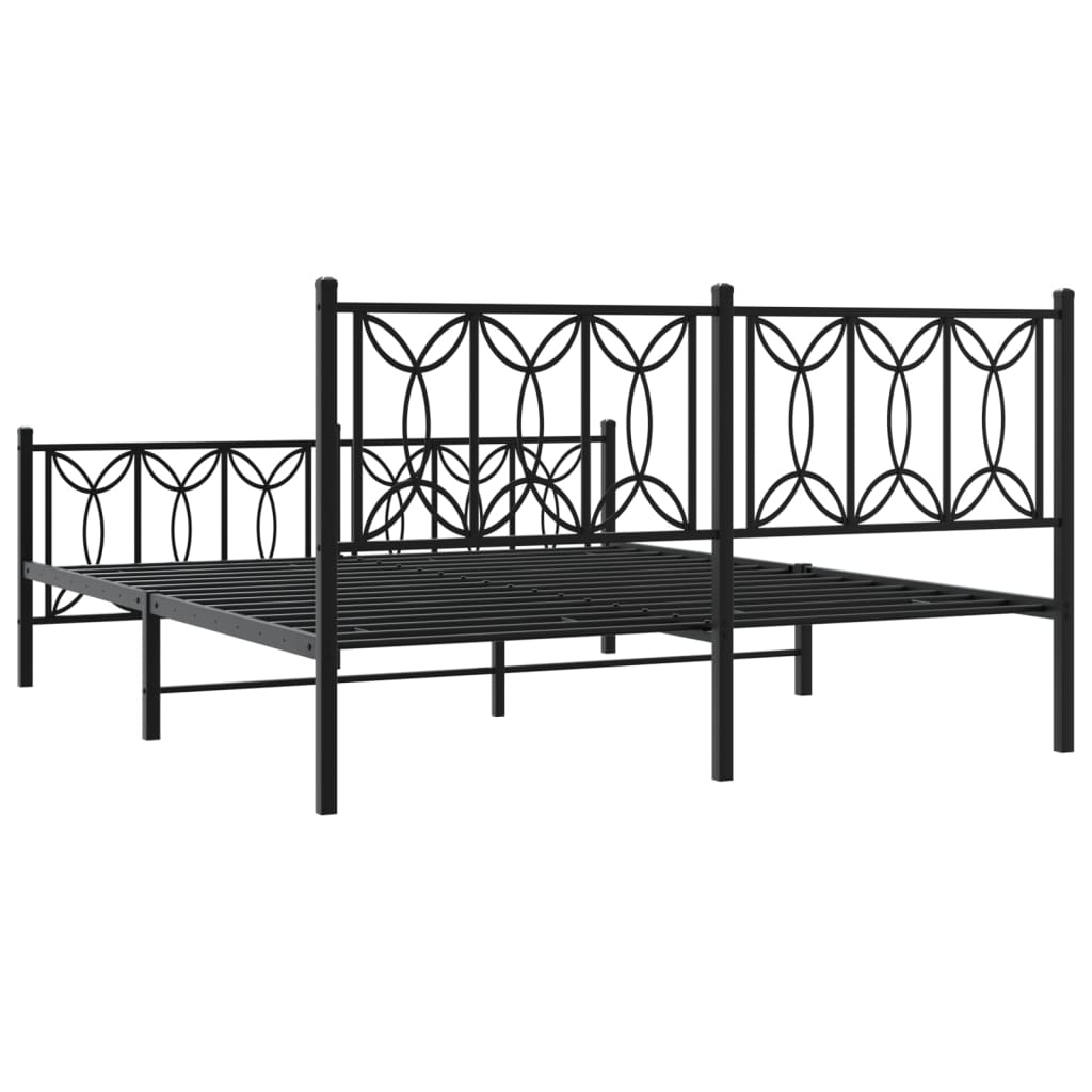 Black metal bed frame with decorative headboard and footboard
