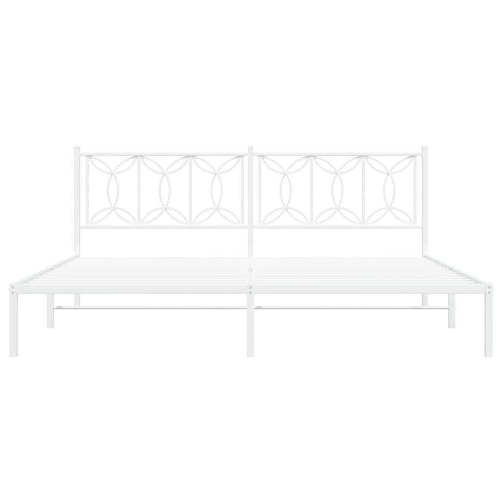 White metal bed frame with decorative geometric headboard