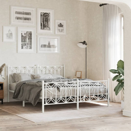 White metal bed frame with intricate geometric headboard and footboard design