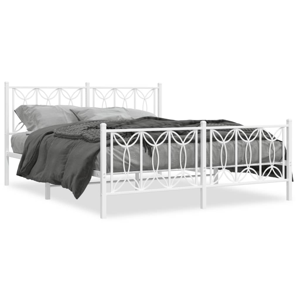 White metal bed frame with ornate geometric headboard and footboard