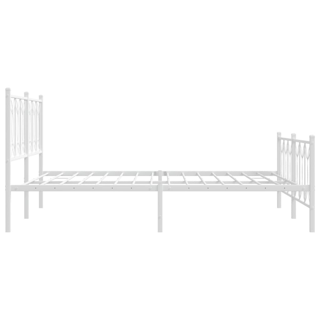 White metal bed frame with decorative scrollwork headboard and footboard