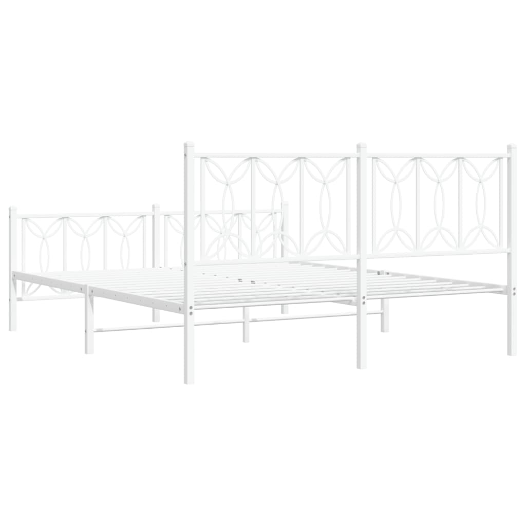 White metal bed frame with decorative headboard and footboard