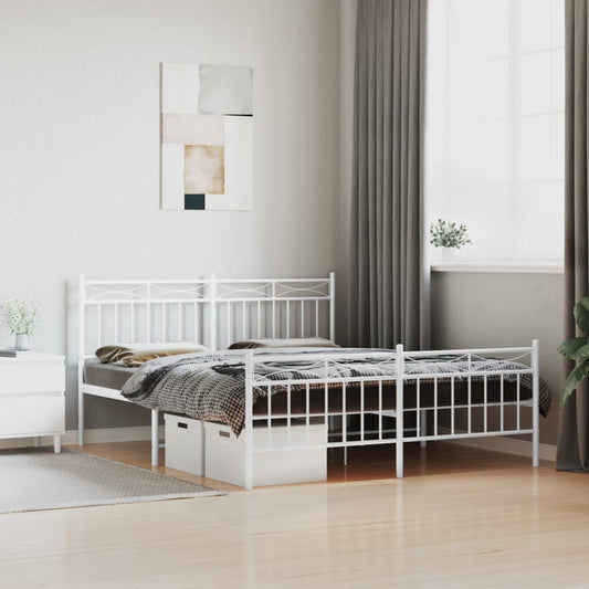 White metal bed frame with ornate headboard and footboard
