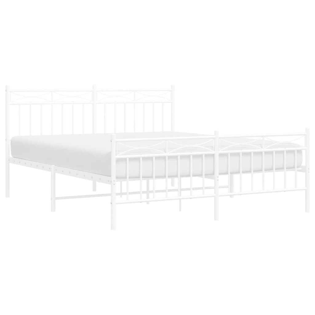 White metal bed frame with a modern geometric headboard and footboard