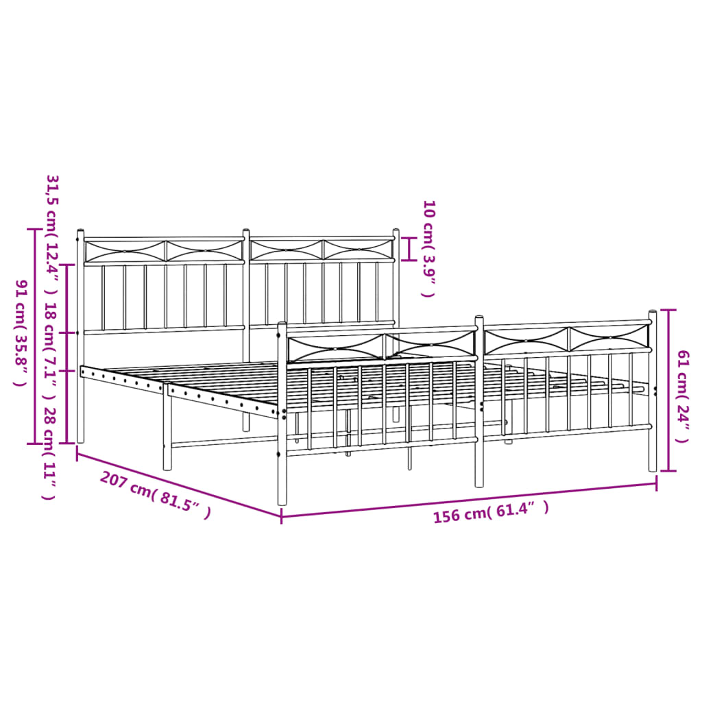 White metal bed frame with decorative headboard and footboard