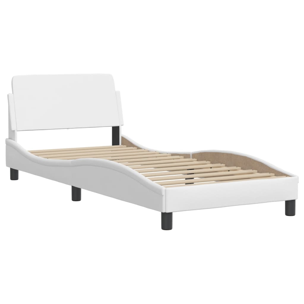 White upholstered twin bed frame with wooden slats and black legs