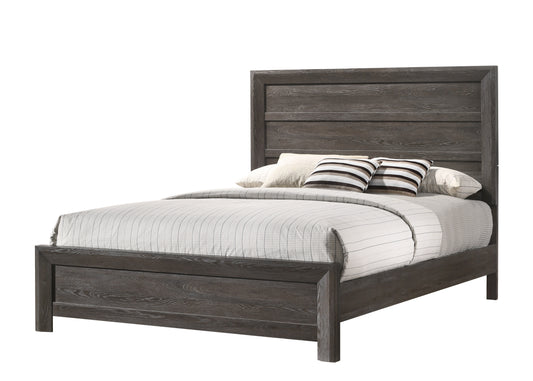 Dark gray wooden platform bed with a horizontal plank headboard and striped bedding