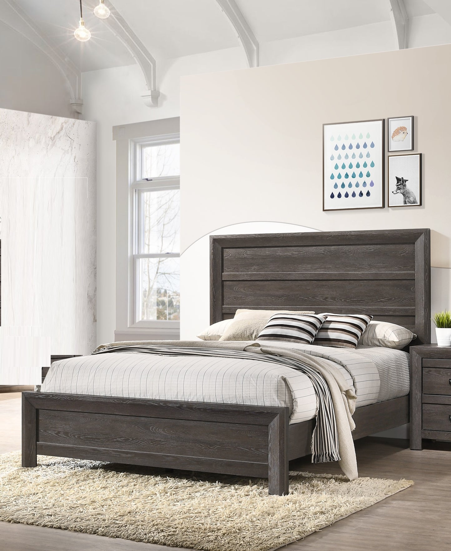 Dark wood plank headboard and frame of a queensize bed ideal for modern bedrooms