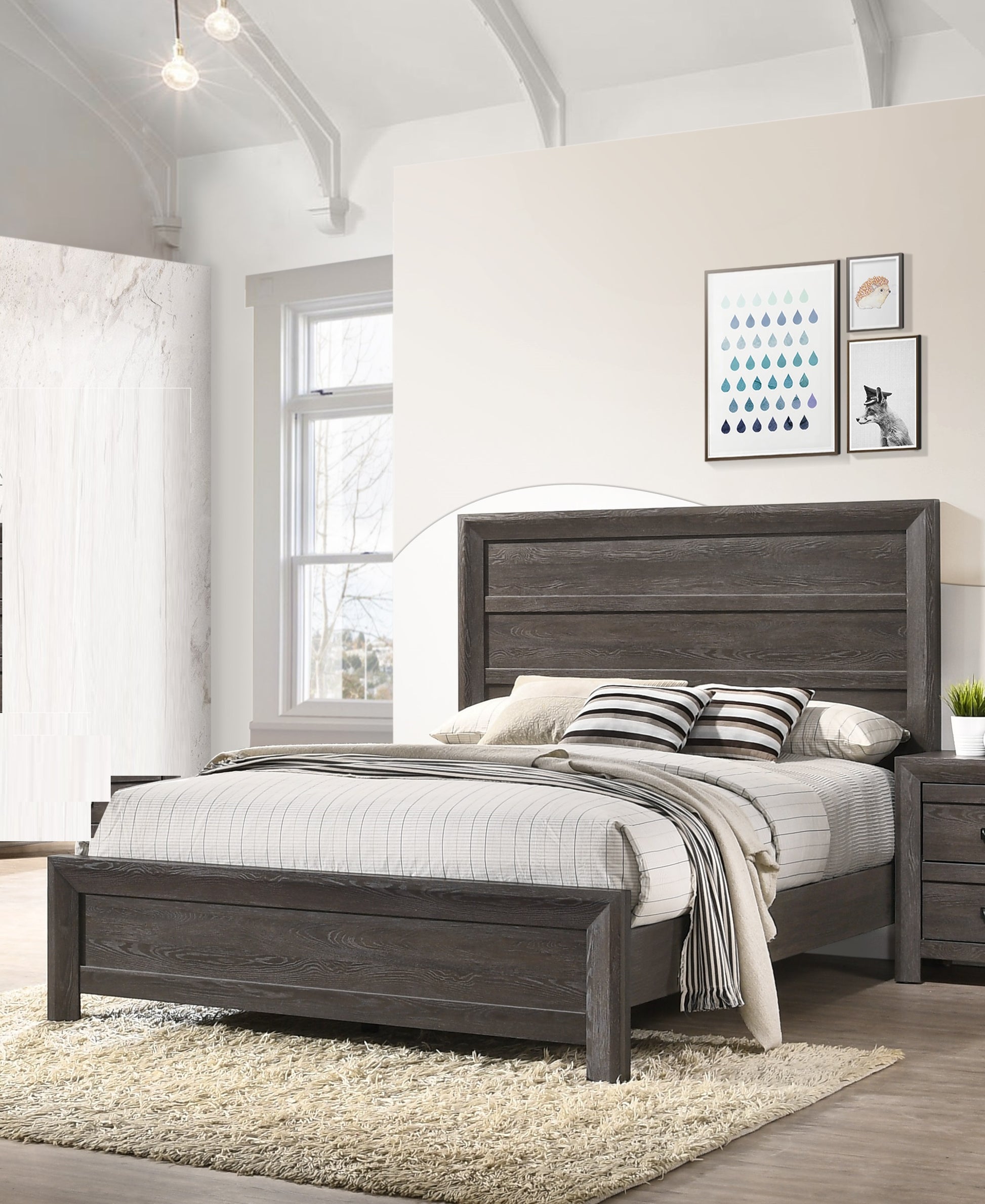 Dark wood plank headboard and frame of a queensize bed ideal for modern bedrooms