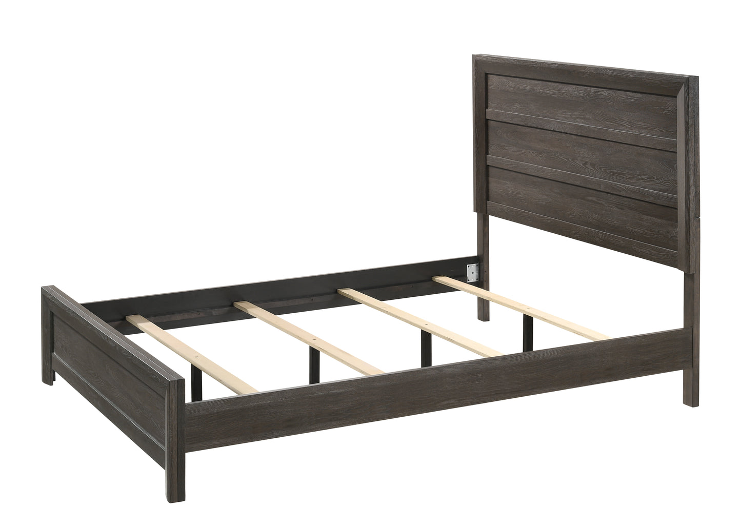 Dark gray wood panel bed frame with slats