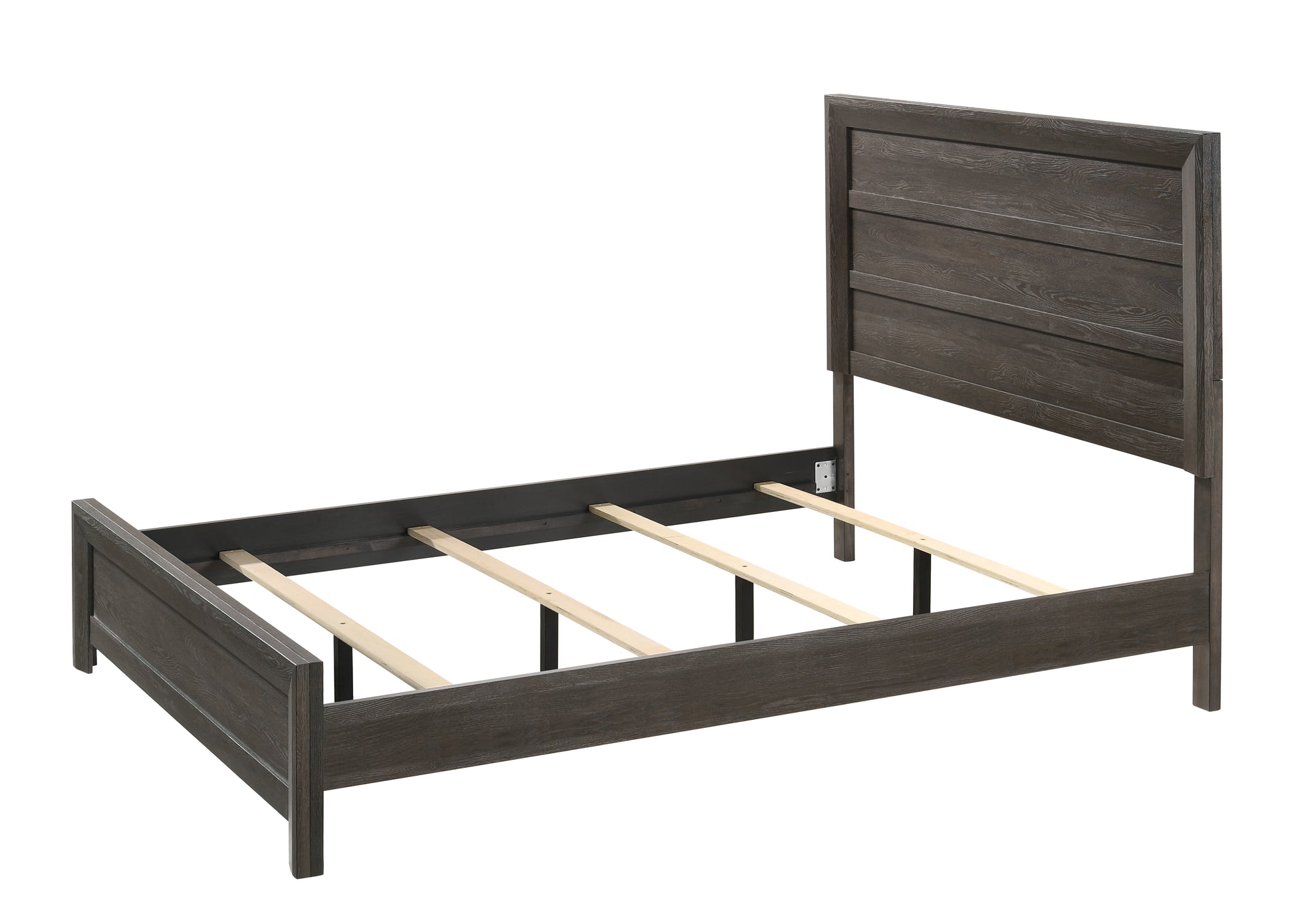 Dark gray wood panel bed frame with slats