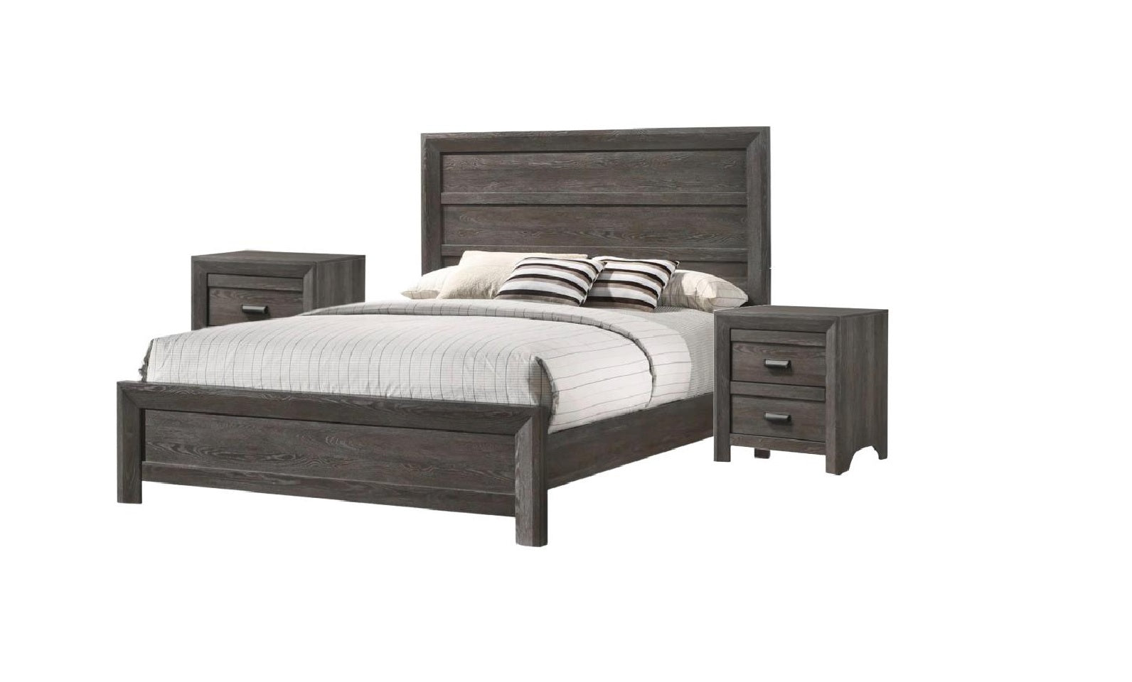 Rustic grey wood king bed frame with matching nightstands and striped pillows