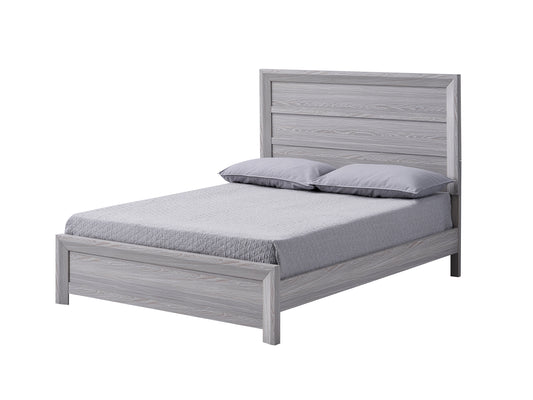 Gray wood modern queen bed frame with horizontal headboard slats and quilted bedding