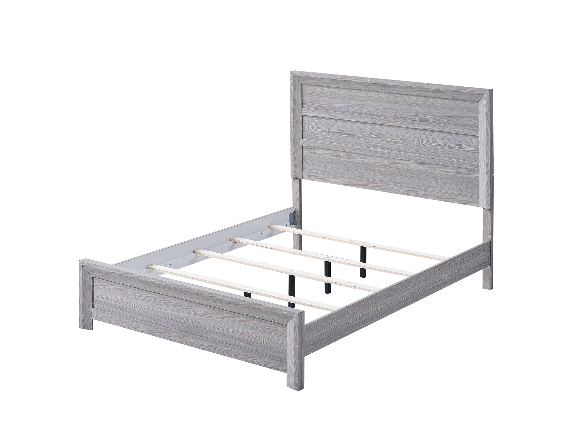 Modern grey wood grain twin bed frame with horizontal headboard detail and slatted support
