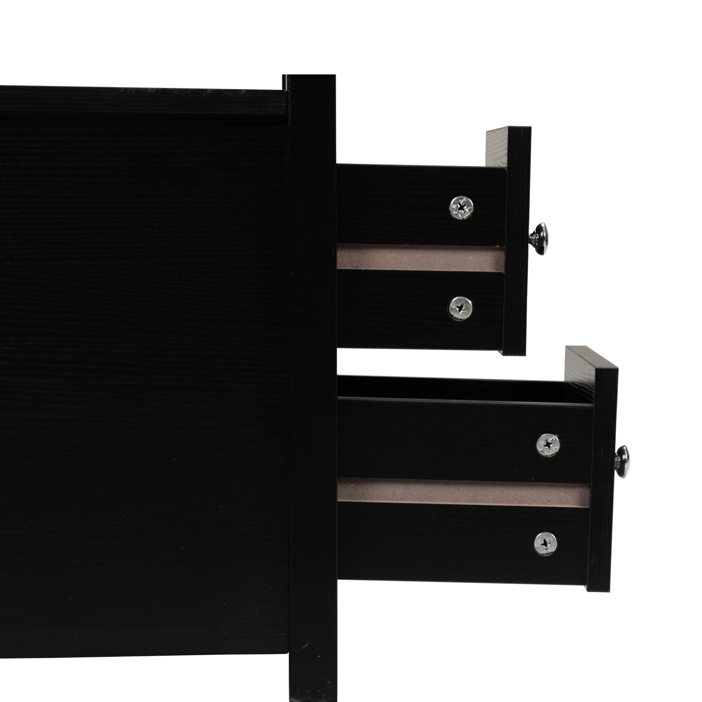 Black wood bedside table with two visible drawers