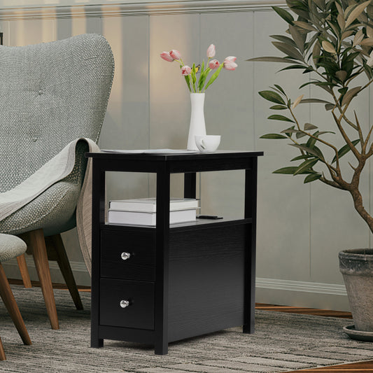 Black wooden end table with two drawers and open shelf