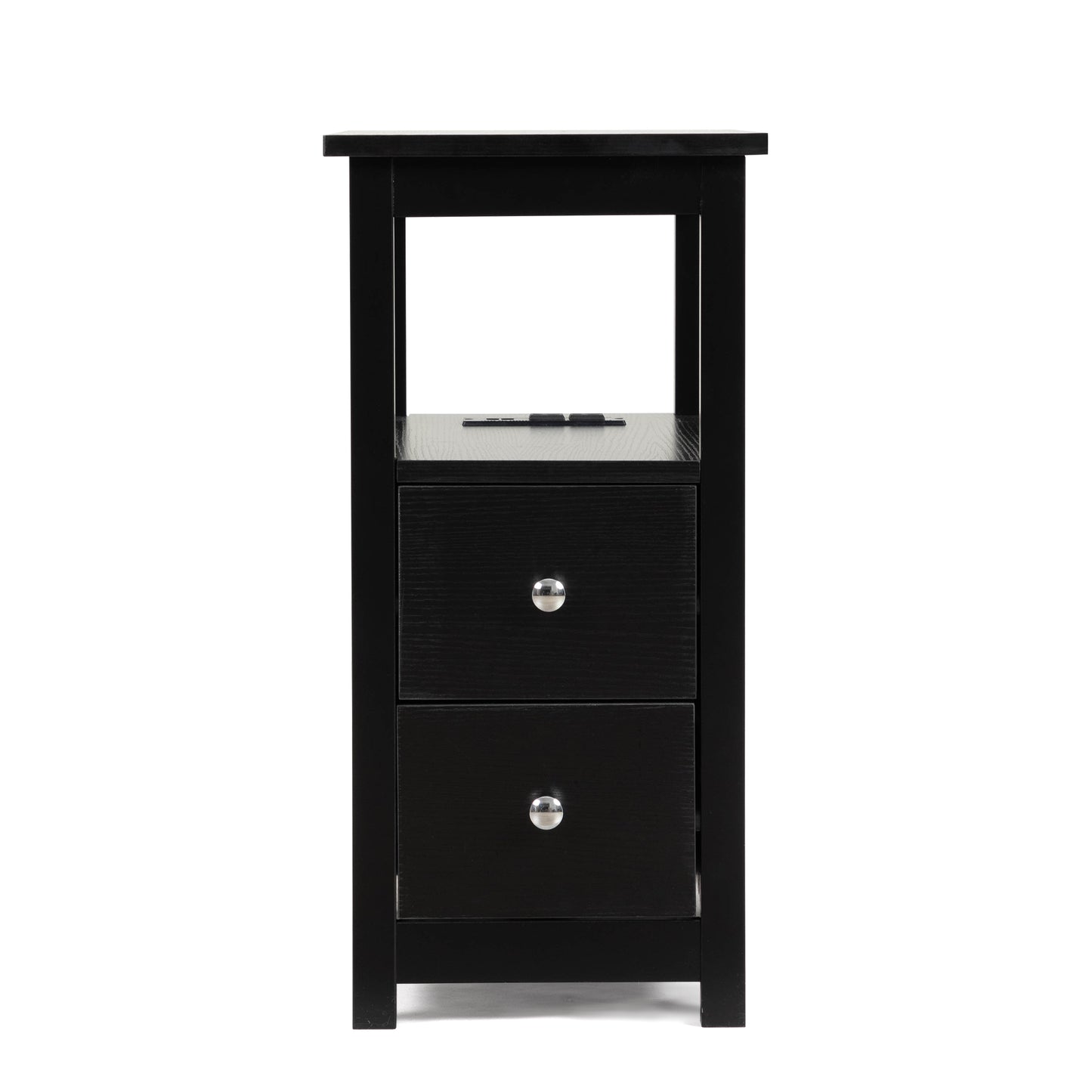 Black twodrawer nightstand with open shelf and silver knobs