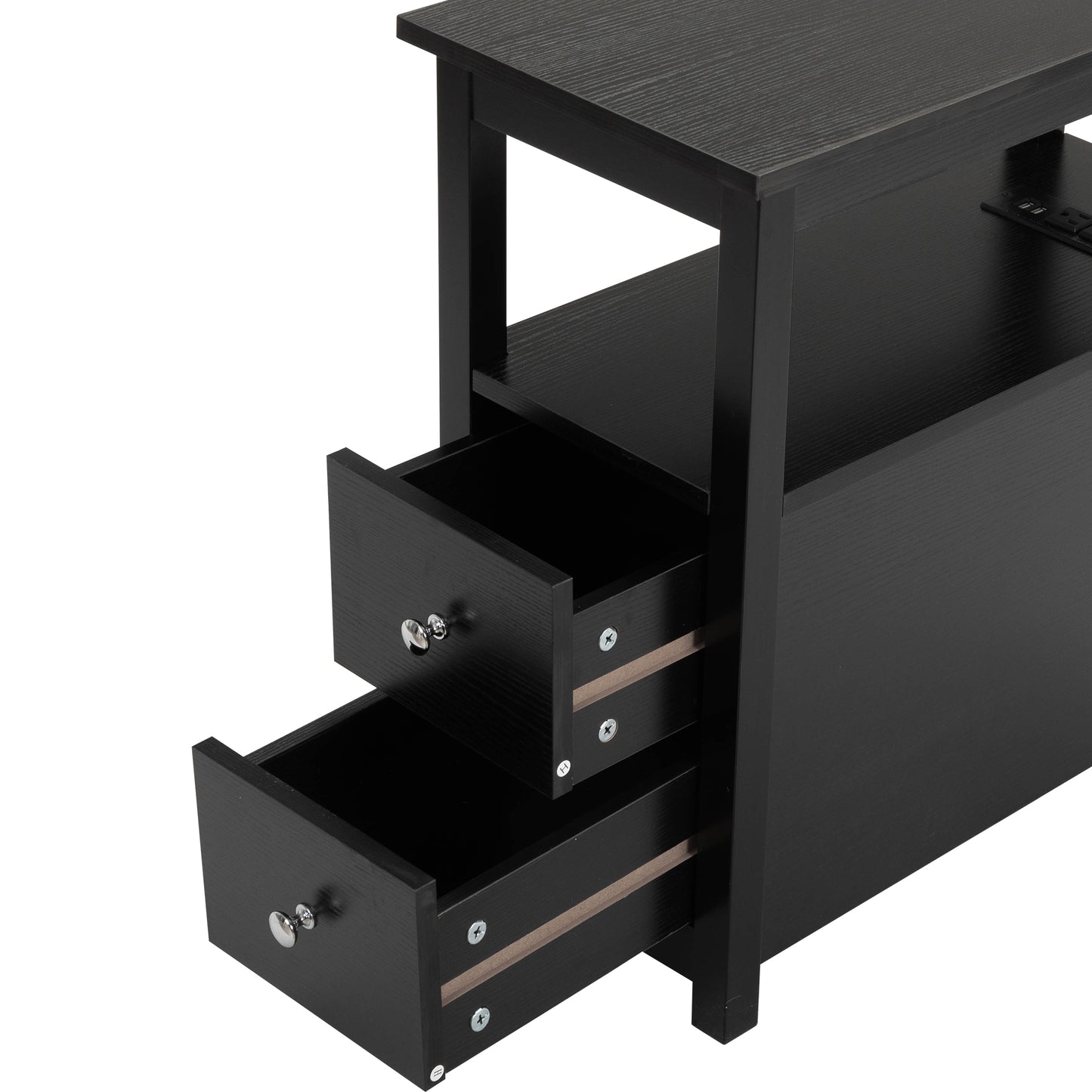 Black wooden side table with two drawers and an open shelf
