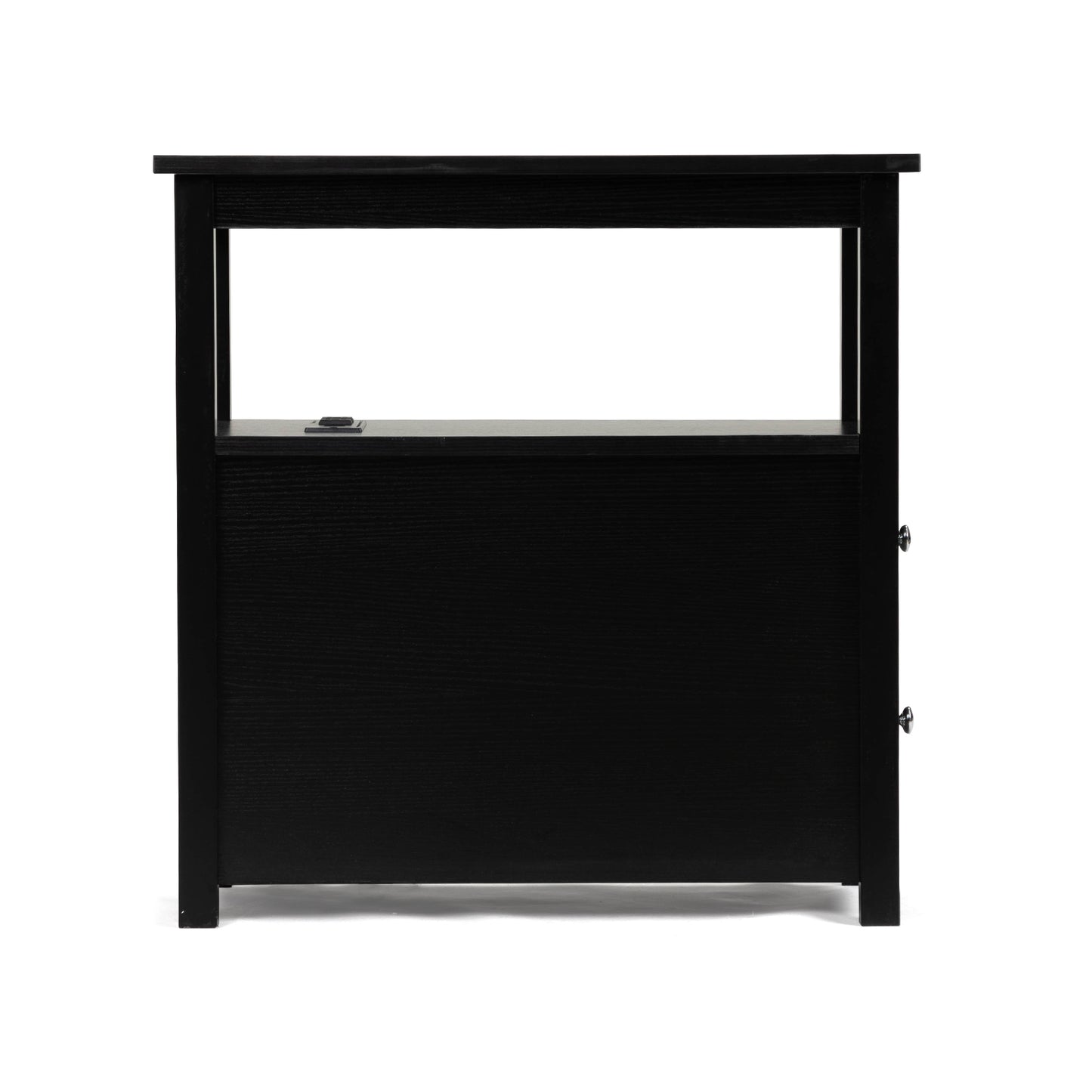 Black wood grain console table with open shelf and two drawers