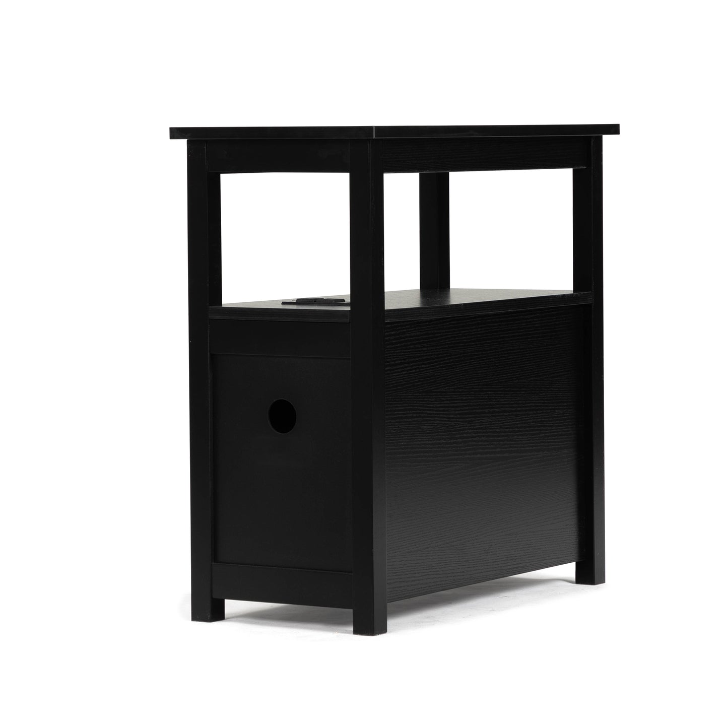 Black wooden side table with two open shelves and a solid base