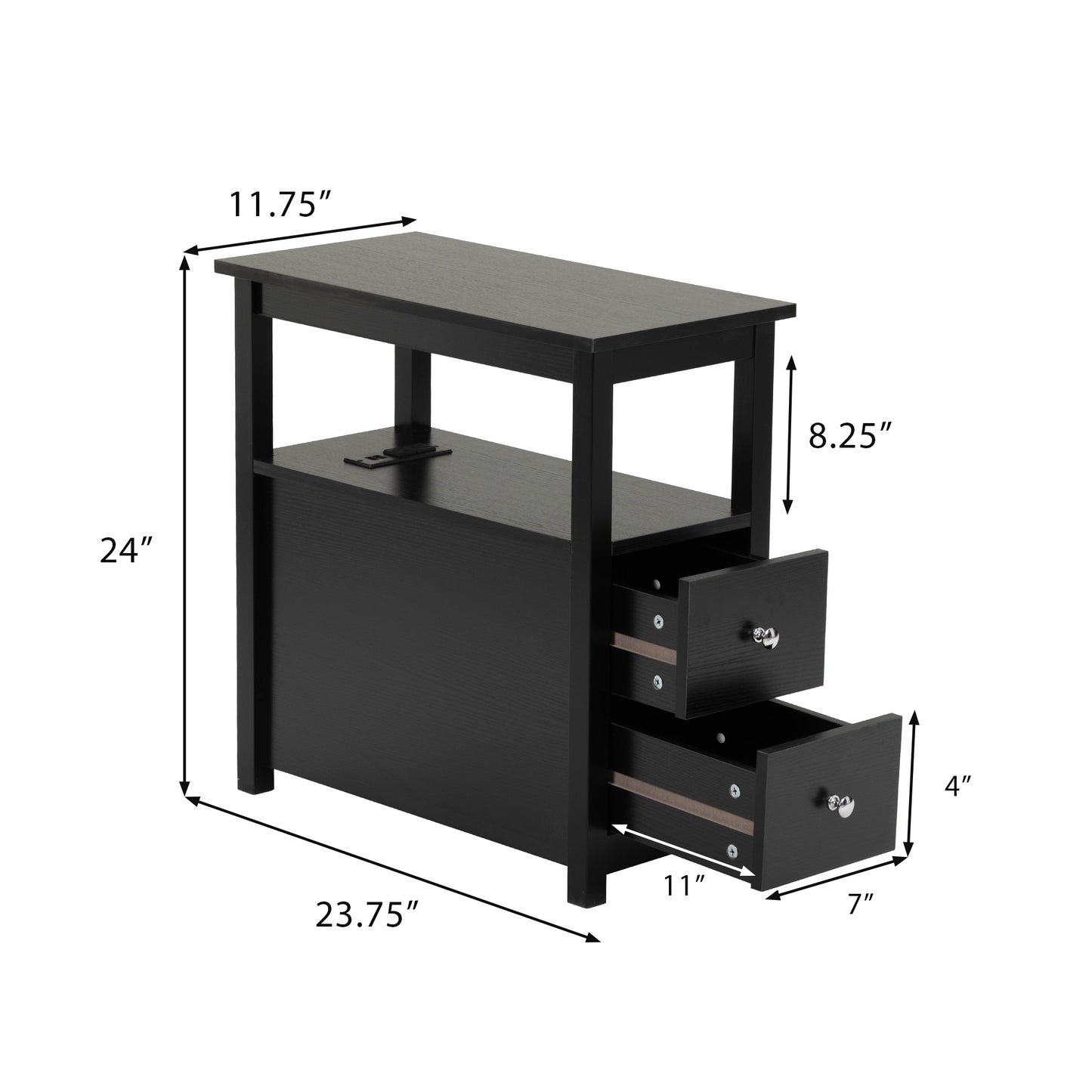 Black narrow end table with two drawers and open shelf perfect for small spaces