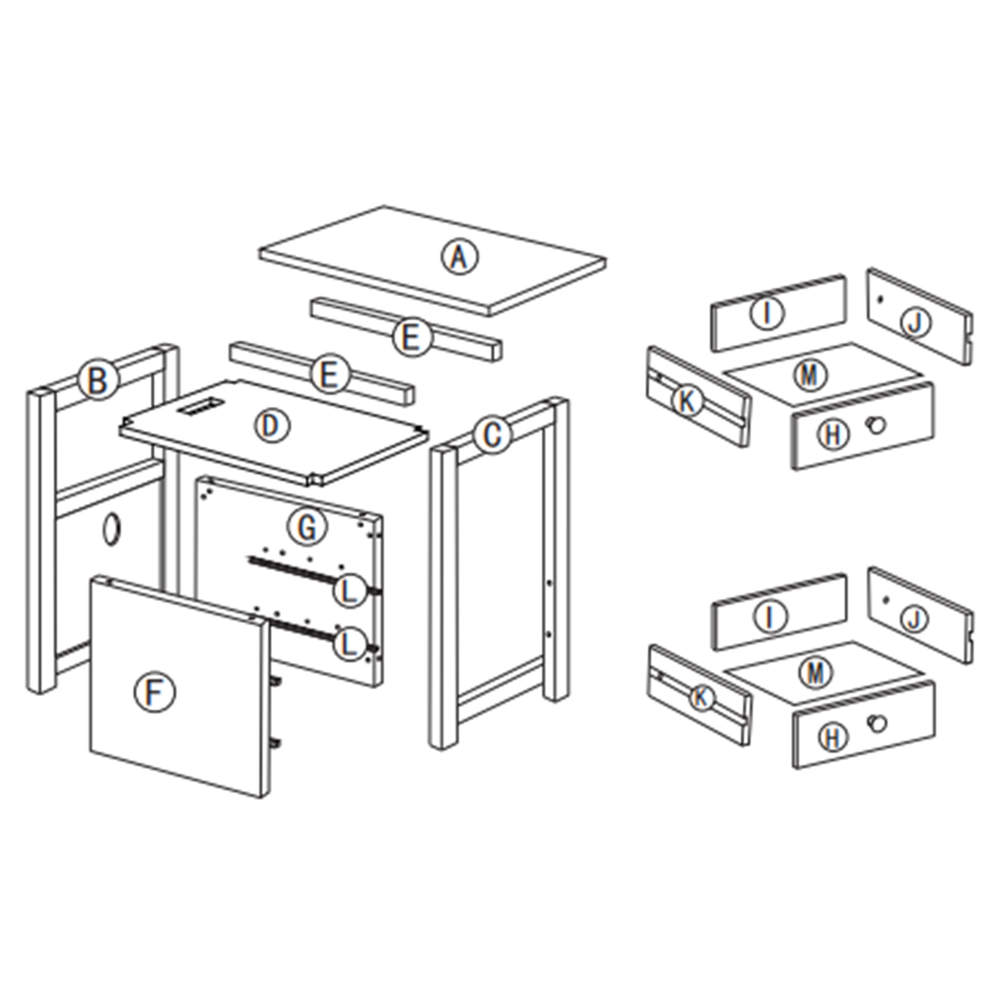 Exploded view of a desk kit with labeled wooden parts for assembly