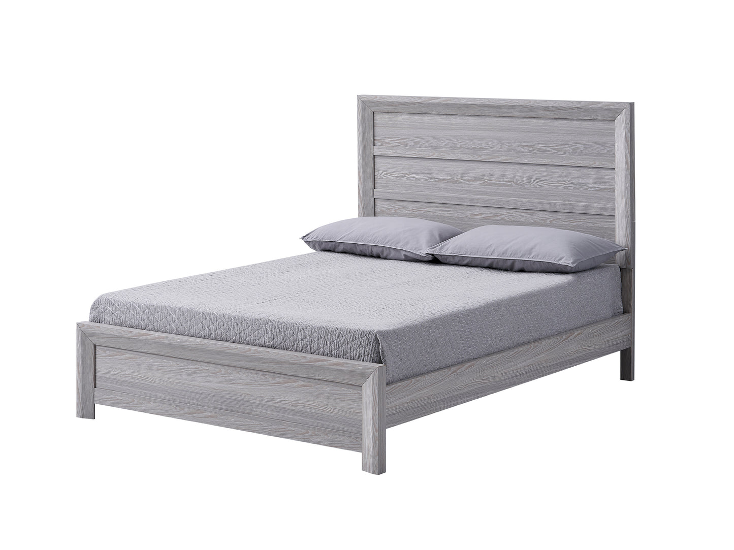 Modern grey wood queen bed frame with horizontal headboard slats