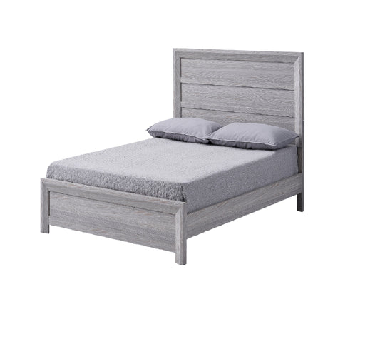 Gray wood modern platform bed with textured quilt and two pillows