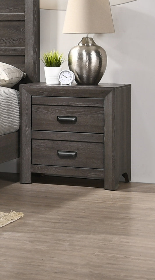 Dark grey wood nightstand with two drawers and black handles