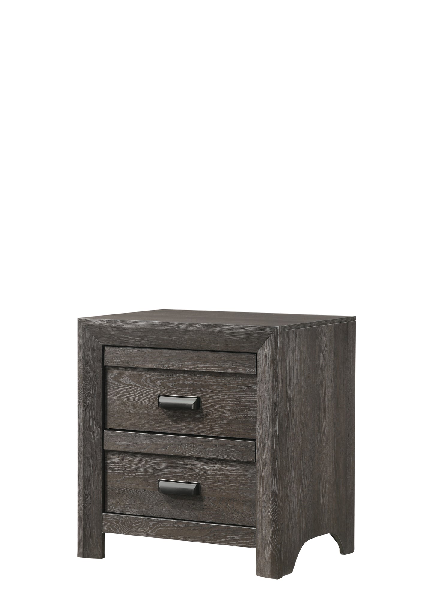 Dark grey wooden nightstand with two drawers and black hardware