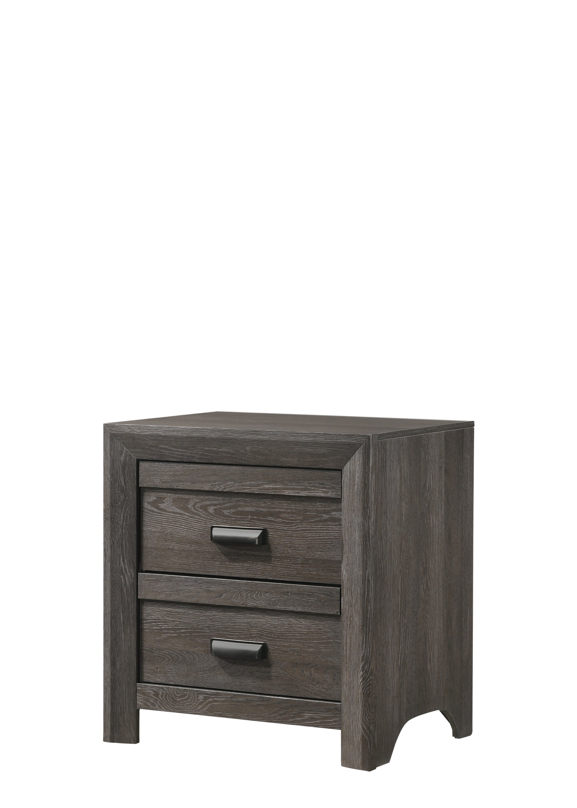 Dark grey wooden nightstand with two drawers and black hardware