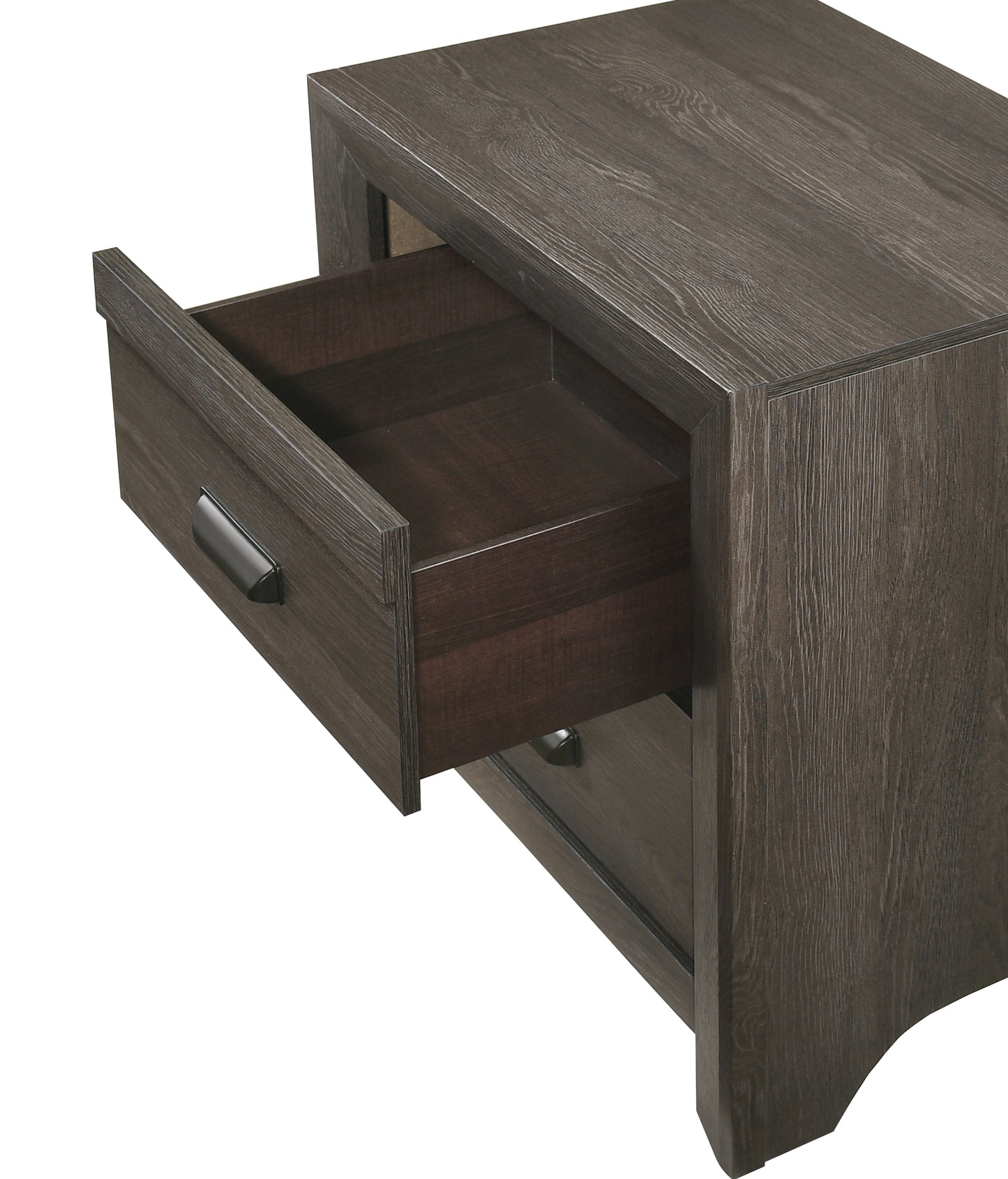 Dark brown wood grain bedside table with one open drawer