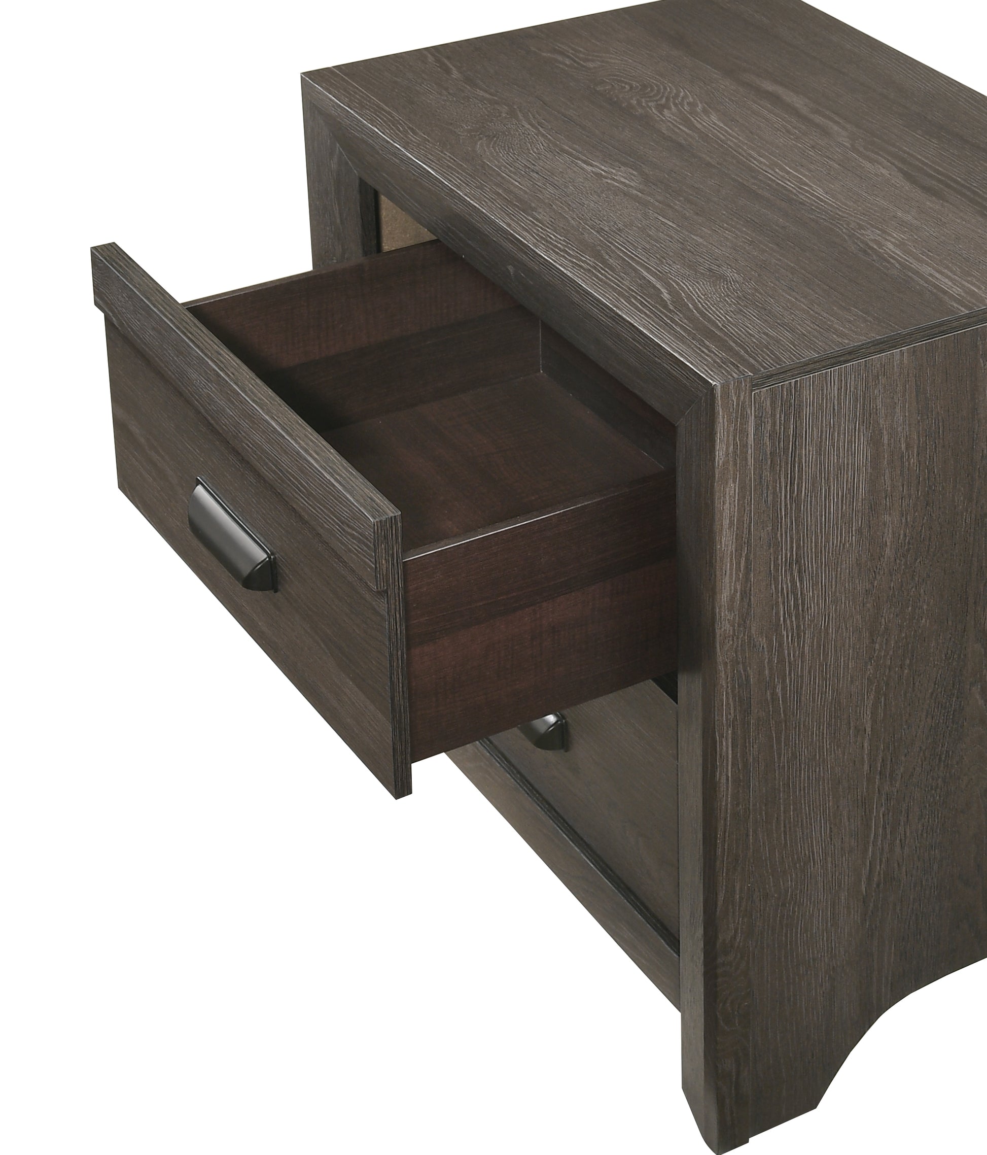 Dark brown wood grain bedside table with one open drawer