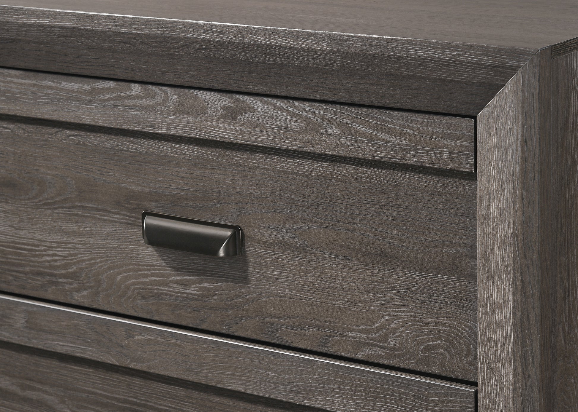 Dark grey oak dresser drawer with brushed nickel handle