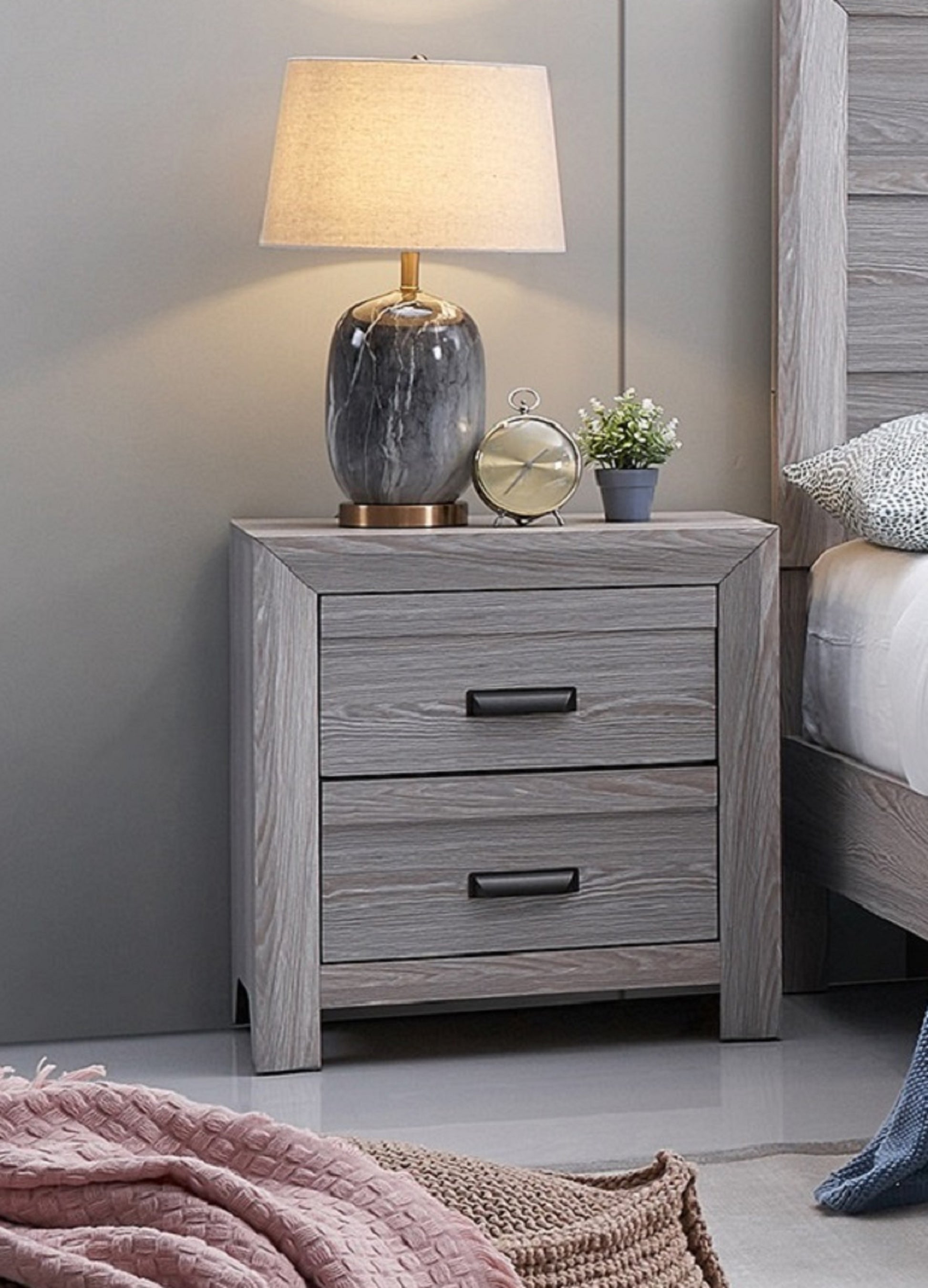 Gray wood twodrawer nightstand with black handles