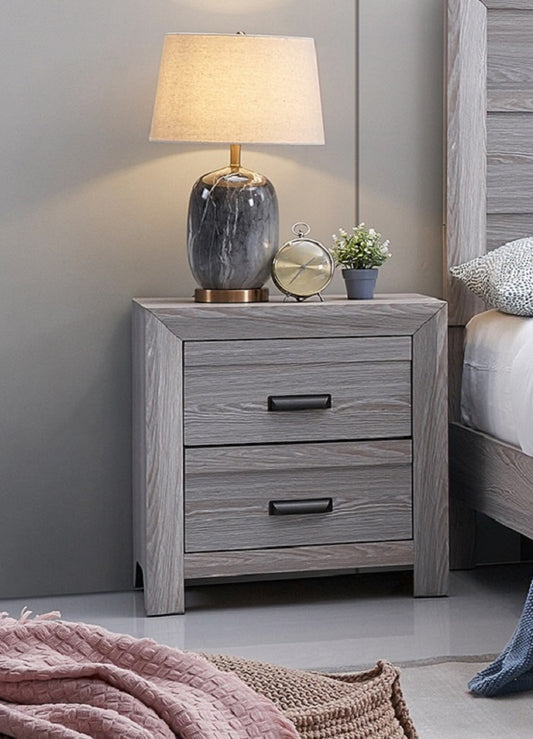 Gray wood twodrawer nightstand with black handles