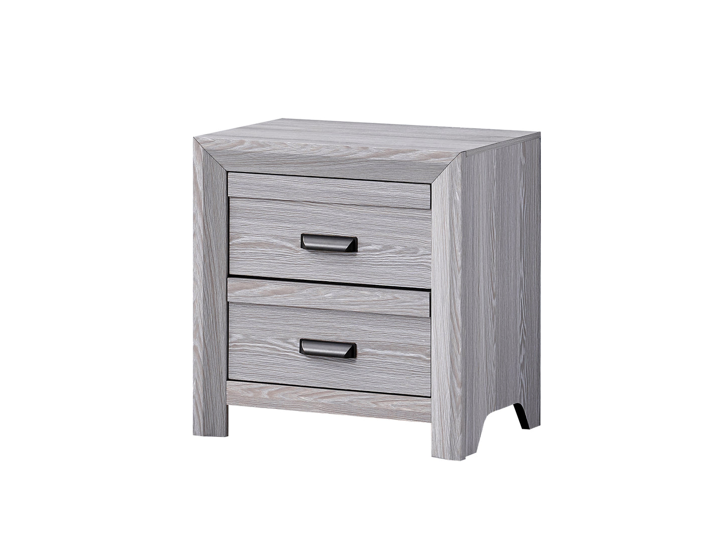 Twodrawer grey wash oak nightstand with modern black handles