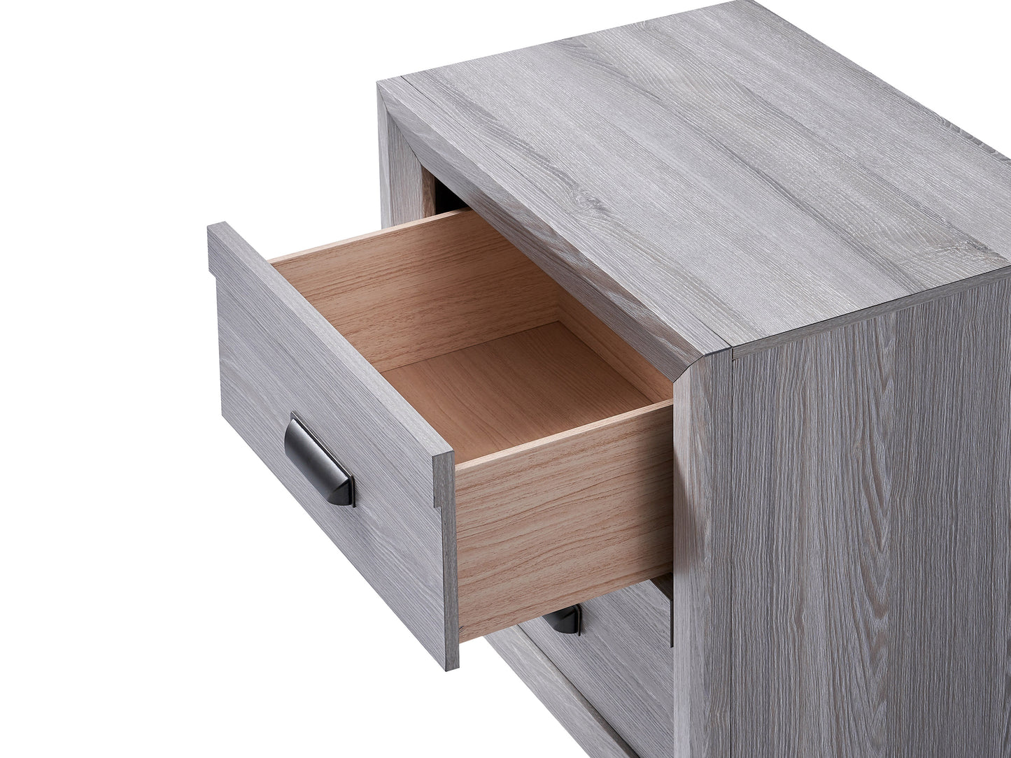Rustic gray wood nightstand with one open drawer and black pull handle